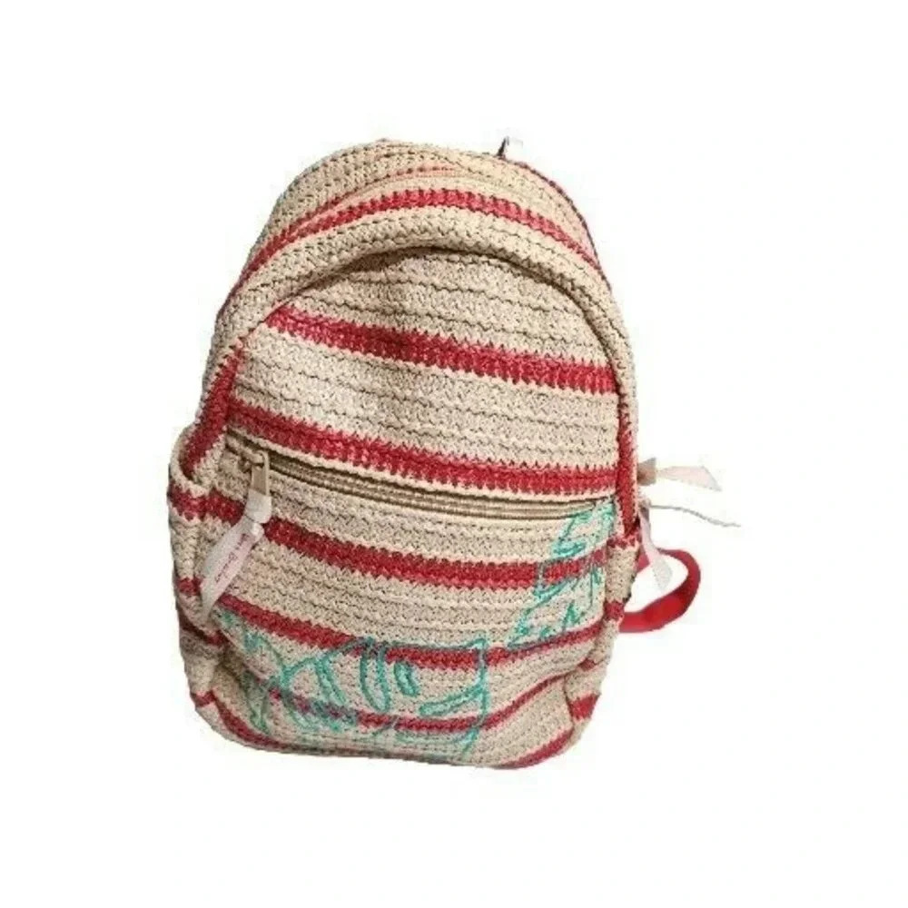 Vera Bradley Straw Woven Mini Backpack Pink & Beige Striped w Embroidered Leaves
